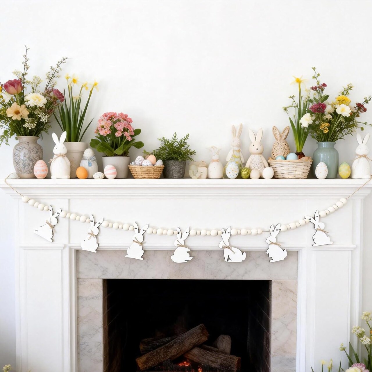 Easter Bunny Bead Garland – 6.56 ft Wooden Rabbit Banner with Beads for Mantel, Fireplace, Wall & Spring Party Decor